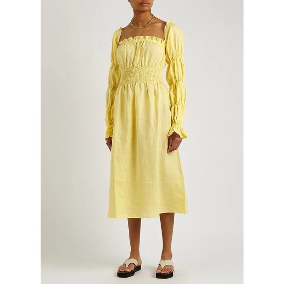 Sleeper Yellow Linen Midi Dress Smocked Square Neck Puff Sleeve Size M - Picture 1 of 13